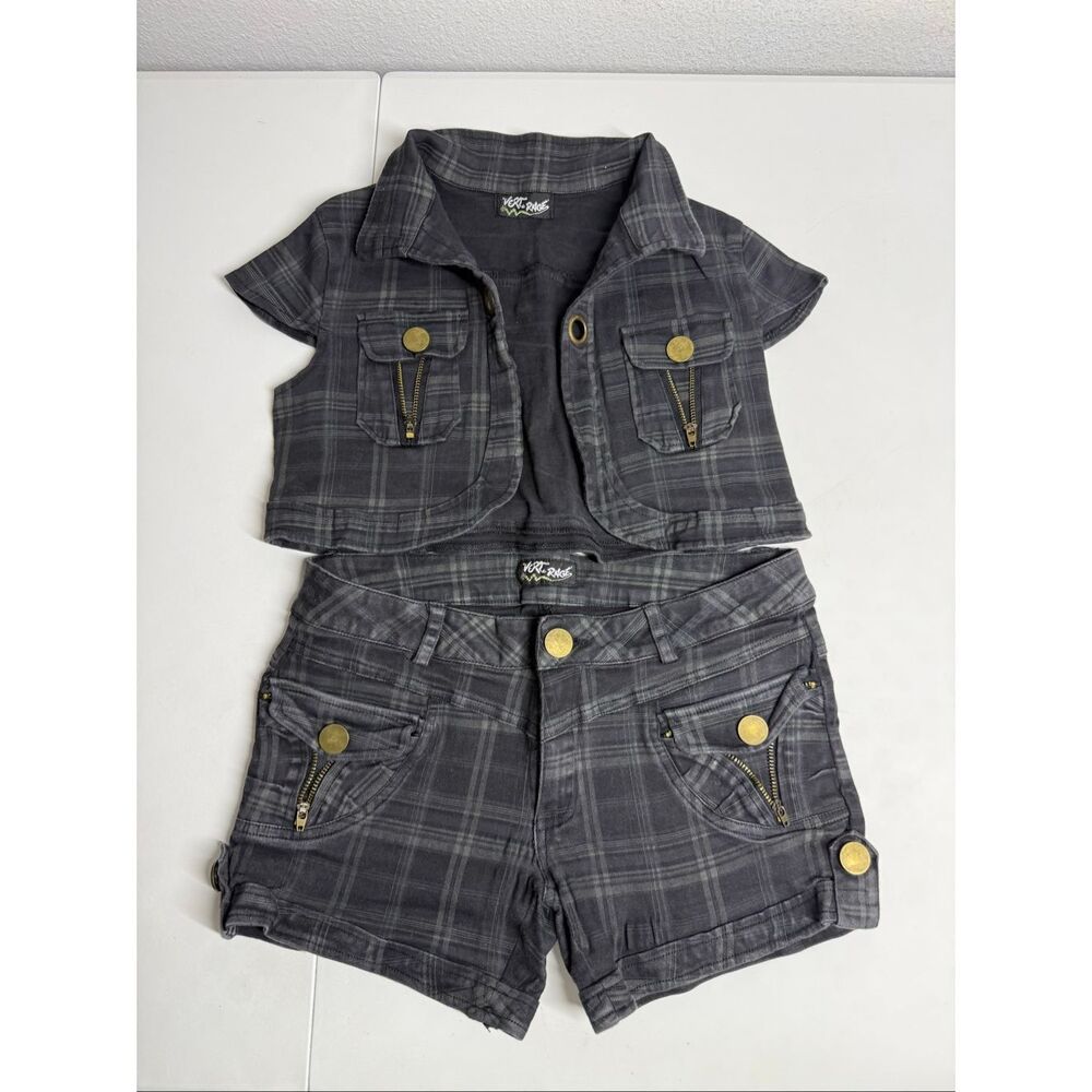 Vert + Rage Kids Plaid Vest & Shorts Set Girls Size L Gray Two Piece Outfit Note - Picture 2 of 12